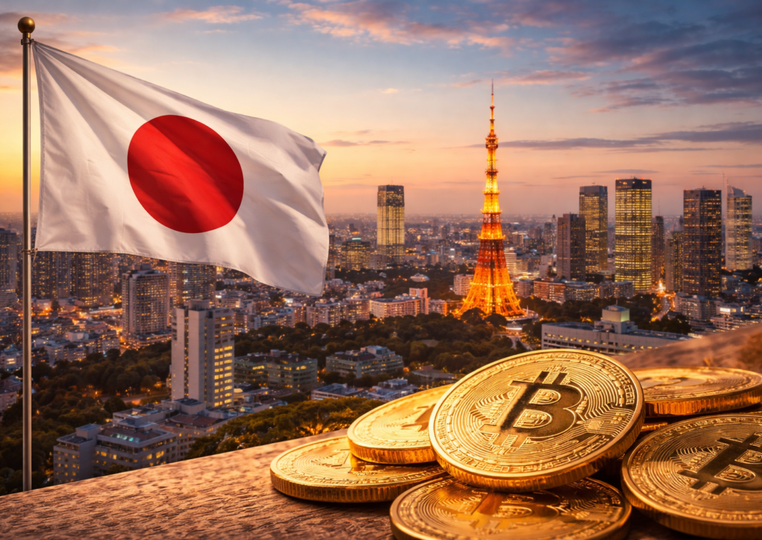 Tokyo-skyline-at-sunset-with-Bitcoin
